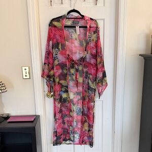 Anthropologie Sheer Floral Kimono Cover-Up in Pink and Green (NWT)